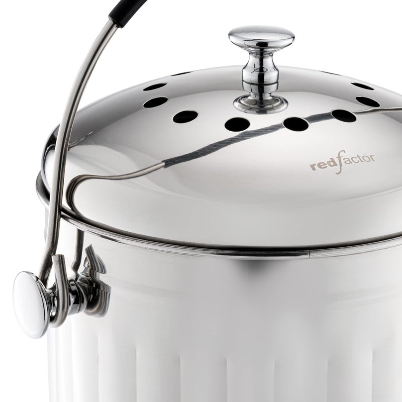 RED FACTOR Premium Compost Bin for Kitchen Countertop - Stainless Steel Food Waste Bucket with Innovative Dual Filter Technology - Includes Spare Filters (Brilliant Steel, 1.3 Gallon) - Image 2